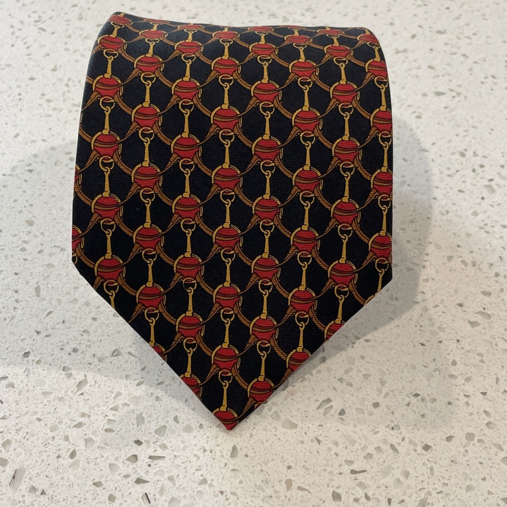VTG Burberrys Red Gold Black Oval Royal Print Silk Tie Old Money Quiet Luxury